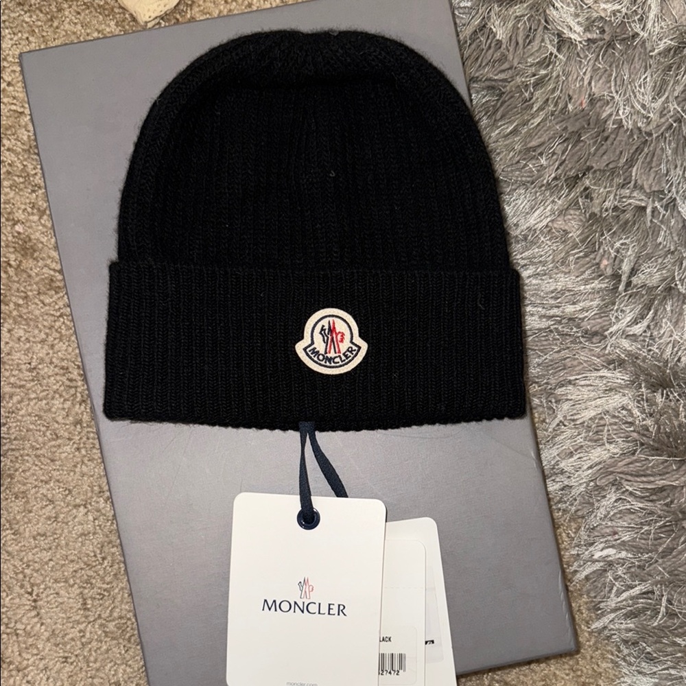 Moncler Black Cuffed Rib-Knit Beanie with Logo Patch